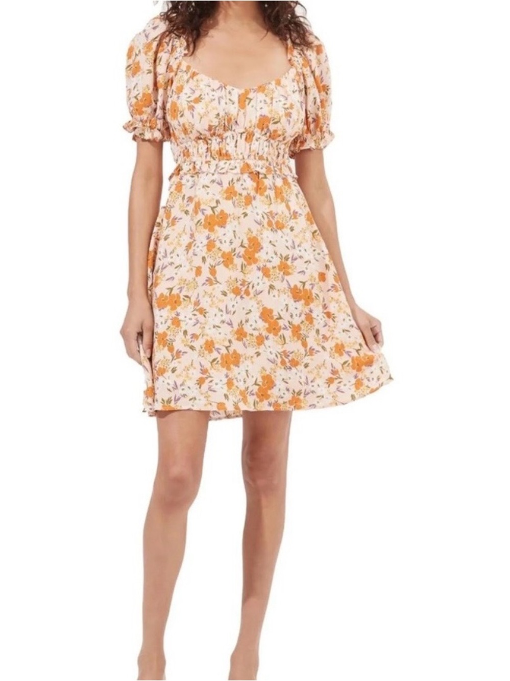 Astr Peach Floral Puff-Sleeve Mini Dress